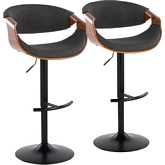 Curvo Adjustable Swivel Bar Stool in Black Metal, Walnut Wood & Charcoal Fabric (Set of 2)